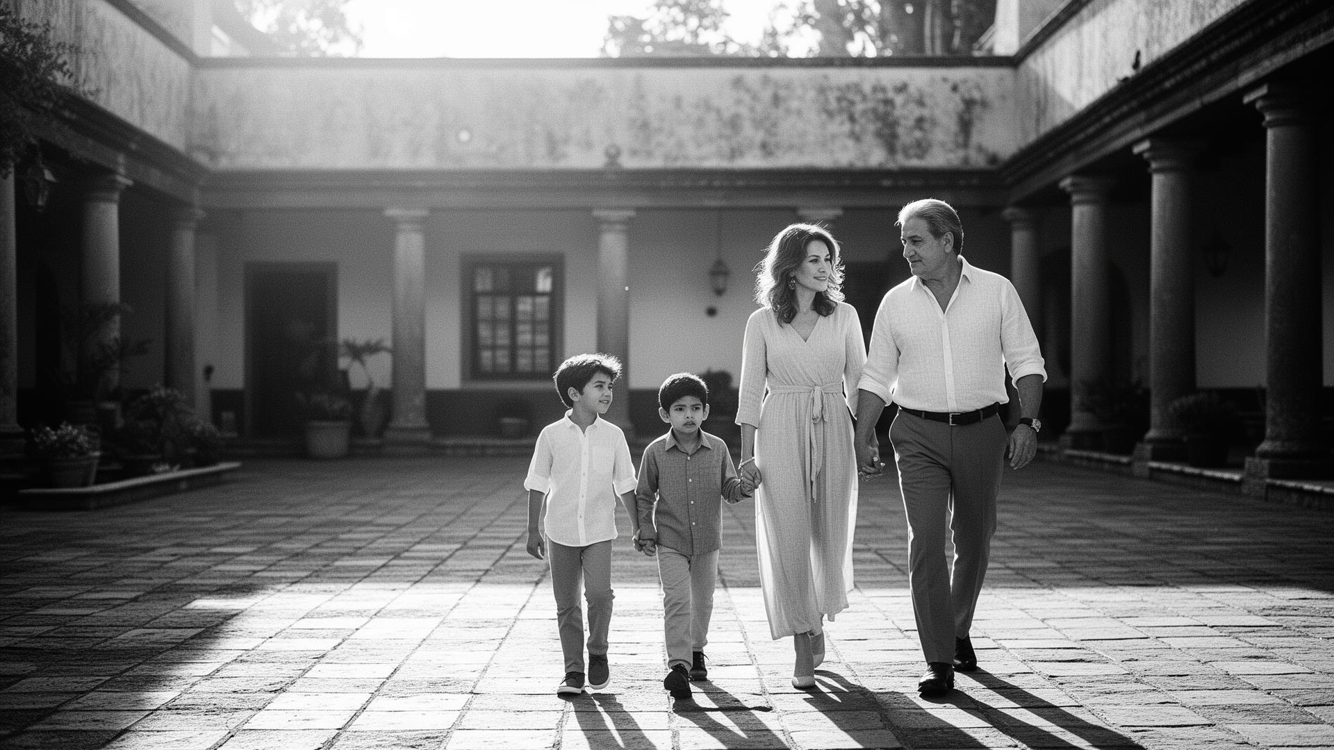 Familia caminando en un patio iluminado al atardecer